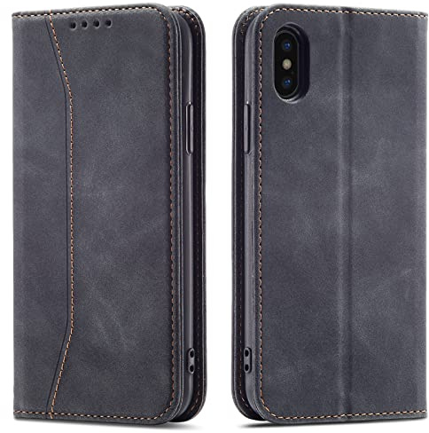 OKZone Kompatibel mit iPhone XS Max (6,5 Zoll) Hülle, Magnet Leder Tasche Handyhülle, Kartenfächer Schutzhülle, [Premium PU Leder] Flip Klappbare Stoßfeste Magnetische Standfunktion (Schwarz)