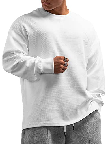 Muscle Alive Hommes De Base Manche Longue Gaufre Sweatshirts Ample Entraînement Workout Chemise à col Rond Blanc M
