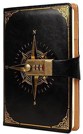 WANLIAN Diario A5 con Lucchetto a Combinazione, Nero | Diario A5 con lucchetto, copertina effetto pelle e pagine per note personali