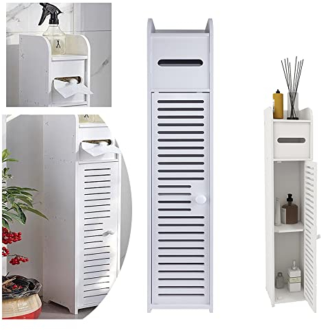 Badezimmerschrank Hochschrank für Badezimmer, Badregal Standschrank Badschrank mit Toilettenpapierhalte, 4-Tier Einzelne Tür Boden Stehender Schrank, Toilettenpapier Lagerung mit Schubladen, H32''
