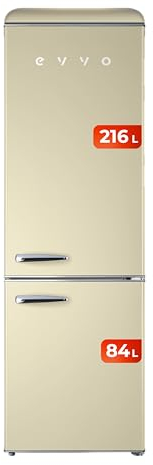 EVVO Frigorífico Combi, Acabado Retro, Refrigerador 216 litros, Congelador 84 litros, diseño vintage, cajón Crisper Zone, Turbo fan, libre de gas CFC, Silencioso F55 (Color Beige)