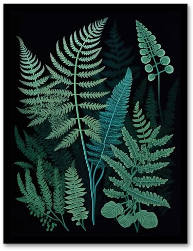 Wee Blue Coo Elegant Fern Fronds Botanical Nature Foliage Artwork Teal Blue Green on Black Artwork Framed Wall Art Print A4