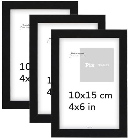 Pix FRAMES Cadre Photo 10x15 cm - Set x3 - Cadre Poster Bois - Cadre avec Vitres en Acrylique - Elégant Cadre à Suspendre et à Poster - Cadre Portrait Moderne - Noir