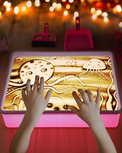 AtMini Boîte lumineuse de peinture à sable pour enfants avec 4 paquets de sable naturel - Plateau de sable pour enfants à partir de 3 ans - Rose