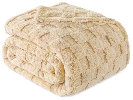 Exclusivo Mezcla Kuscheldecke Flauschig 220x240 cm Fleecedecke Tagesdecke | Weich, Leicht, Atmungsaktiv, Karierte Decke, Bett, Sofa, kuschelig, Wohndecke, Bettüberwurf, alle Jahreszeiten, Beige