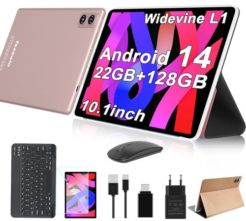 fezawio F10 Tablet 10 Pollici, Tablet Android 14, 22 GB RAM+128 GB ROM |1TB TF |8000mAh |5G Wi-Fi |Octa-Core |Widevine L1 |2.0Ghz Tablet PC Con Tastiera Mouse Fondina, Migliore Regalo-Oro