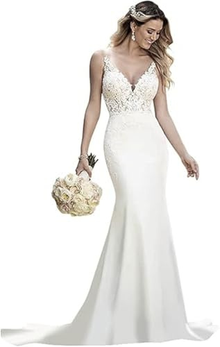 TSxuelian Vestidos de novia de satén para mujer, sin mangas, estilo bohemio, largo, de encaje, B-blanco, 36