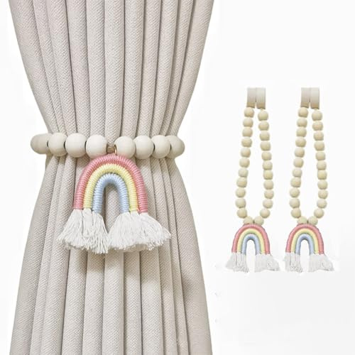 Votvlog 2 Stück Vorhang Raffhalter Magnetische, Vorhang-Krawatten Regenbogen Quasten Gardinenhalter, Vorhang-Raffhalter aus Holz Vorhangschnallen mit Holzperle, Boho Gardinen Raffhalter (Rosa)