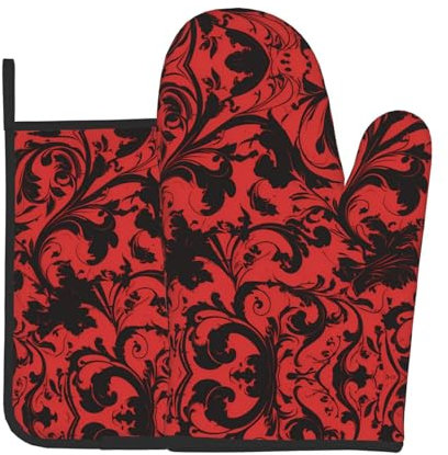 WZYWHJ Set di guanti da forno e presine alla moda rossi e neri per cucinare, forno a microonde, grigliate, resistenti al calore, con cordino