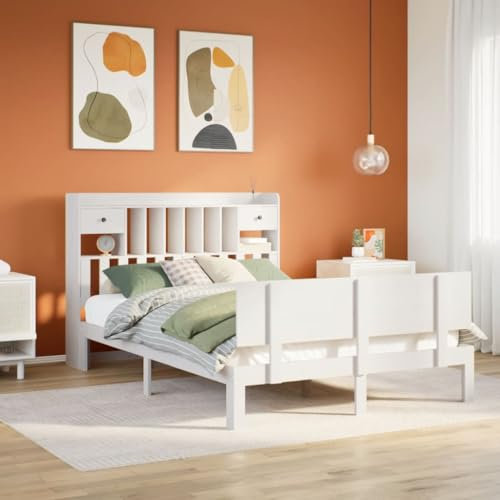 Iiaky Massivholzbett mit Regal ohne Matratze Bett Mit Stauraum Massivholzbett Holzbett Bettgestell Weiß 140x200 cm Kiefer // 3322693