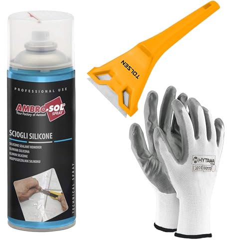 Sciogli Silicone, Rimuove il Silicone e Relativi Residui senza Aggredire le Superfici, Agisce Rapidamente, Spray 1 x 400 ml il Kit Comprende 1 RASCHIETTO e 1 Paio Guanti Nitrile