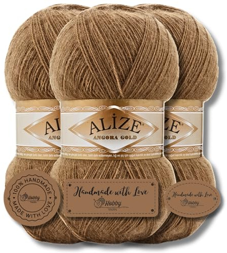 Hobby YARN 3 x etikettetiketter med Alize Angora guldull, premium 3 x 100 g som set, garn, tunn mohair av ny ull, enfärgad, stickgarn (466)
