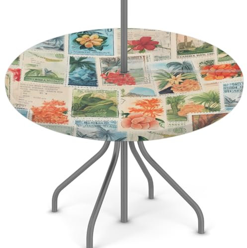 Woltant Nappe ronde avec trou de parasol et fermeture éclair facile à nettoyer avec bords élastiques - Protection de table d'extérieur pour jardin, terrasse, barbecue (motif de tampons vintage)