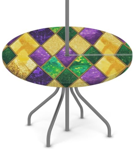 Woltant Tovaglia rotonda con foro per ombrellone e cerniera, facile da pulire, con bordi elastici, protezione per tavolo da giardino, patio, barbecue (pietre geometriche)