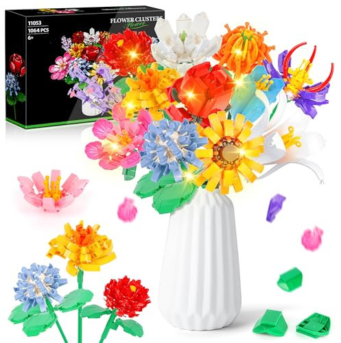 Charmofun Kit de Construction Bouquet de Fleurs, 1064PCS LED Blocs de Fleurs avce 12 Types de Bouquets pour Adultes Enfant, Cadeau pour la Fête des Mères Anniversaire Saint Valentin Noël (Pas de Vase)