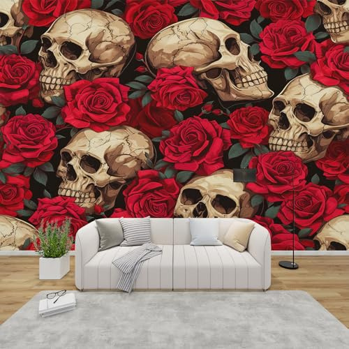 QEODAH Fototapete Totenkopf Schlafzimmer, 3D Tapete Rote Rosen, Vliestapete Rot Braun, Tapeten Wohnzimmer Muster, Gothic Skelett Wand Deko Kinderzimmer, Wandtapete, Mustertapete 200x140 cm