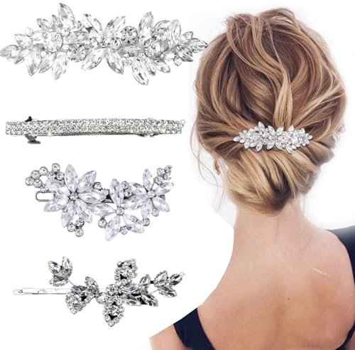 4 Stück Strass Haarspangen Set Kristall Blume Braut Haarschmuck Silber