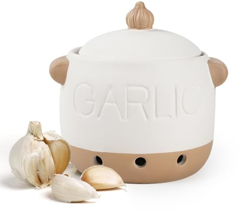 Kelivi Keramik Knoblauch Vorratsdose mit Deckel für Zwiebeln Ingwer Weiß | Mit Deckel lichtdicht,Mit Lüftungslöchern belüftet,Beidseitige Griffe,Große 54OZ Kapazität,Keramik Vorratsdose
