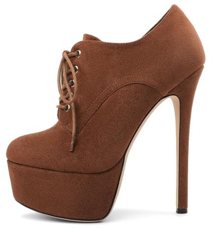 SAMMITOP Platform Ankle Boots for Women Sexy Stiletto Heels Sky High Heel Pump Lace up Zipper Round Toe Fashion Dress Shoes for Party Prom Event Suede Dark Brown US 10