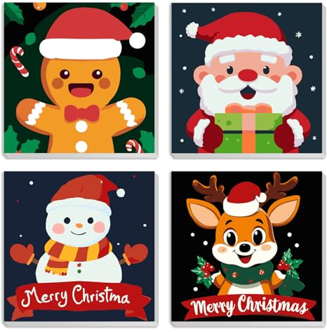 MXJSUA Muñeco De Nieve De Navidad Reno Juego De 4 Lienzos Enmarcados Para Pintar Por Números Para Niños Y Adultos, Kits De Manualidades De Pintura Acrílica Para Decoración De Pared Del Hogar, 20x20cm