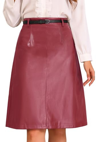 Allegra K Faux Leather Skirts for Women 2026 High Waisted A-Line Elegant Dressy Casual PU Midi Skirt with Belt Wine Red XL