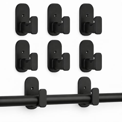 WEKIWGOT Soporte para Barra de Cortina Sin Taladrar, Sujeción de Abrazadera para Barra de 16 mm, Gancho Autoadhesivo para Baño, Cocina, Salón, Dormitorio (Negro, 6 Piezas)