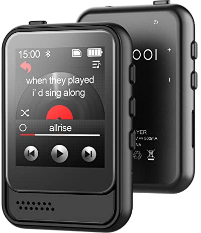 MP3-Player mit Bluetooth 5.3, tragbarer Musik-Player mit FM-Radio, Diktiergerät, Micro-SD-Slot, Lautsprecher, Kopfhörer inklusive, Touchscreen, max. 512GB erweiterbar