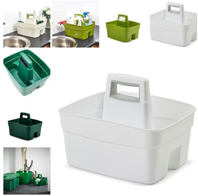 Homey Mart Kitchen Caddy with Handle, Dual Compartment Storage Organiser for Cleaning Supplies, Kitchen and Garden Use, Heavy Duty, Available in Green, White, Cream, Dark Green (White)