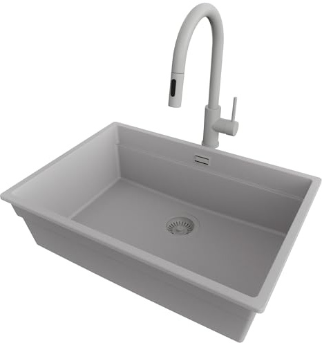 PRIMAGRAN Fregadero bajo Encimera Gris 66x47cm, Granito 1 Seno + Grifo 40x20cm + Sifón, Cocina al mueble 70cm - Prague