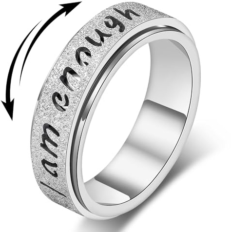 LuckyAmor Fidget Spinner Ring for Women - I Am Enough Fidget Toys, Rotating Anxiety Relief Jewelry, Stainless Steel Inspirational Hope Rings for Adults (Silver, 8)