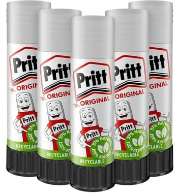 Venuscello 5 x Pritt Glue Stick - 11g Each | Strong Hold Child-Friendly, Skin-Safe, Eco Formula Adhesive with 97% Natural Ingredients for Kids, School Projects, Crafts, Paper, Fabric & Office Use