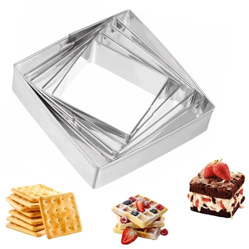 Square Cookie Cutter Set 5 PCS Stainless Steel Biscuit Cutters, Nested Baking Molds with 5 Sizes for Cookies Pastry Fondant Sandwich Dough, Metal Baking Cutter for Kitchen DIY Baking