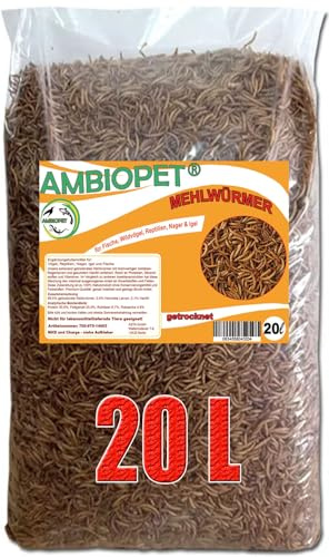 Ambiopet getrocknete Mehlwürmer in 20L Abpackung, Protein- und fettreich, verfeinert und gesiebt, für Fische, Nager, Vögel, Reptilien, auch Koifutter oder Igelfutter