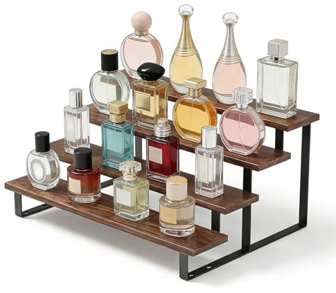 M.J COMFY-LIFE Wooden Display Riser Stand 4 Tier Perfume and Cologne Organizer for Men Rustic Brown Tiered Spice Rack Shelf for Kitchen Counter Bathroom Vanity Skincare Figurine Cupcake Display