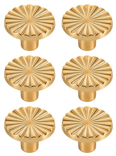 QhgPnt 6PCS Gold Drawer Knobs, Brass Kitchen Solid Round Dresser Gold Drawer Handles with Stylish Smooth Handles, for Dresser, Cupboard, Wardrobe, Kitchen Cabinets and Furniture