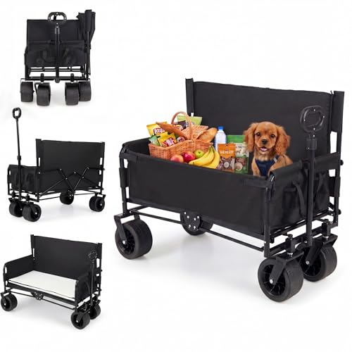 SOARS 2 in 1 Carrello Spiaggia con Seduta e Cuscini Morbidi, 85L (Nero) | Carretto Pieghevole con Ruote Grandi, Carrello da Campeggio, Giardino e Pesca, in Acciaio Resistente, Chiusura Rapida, 80 KG