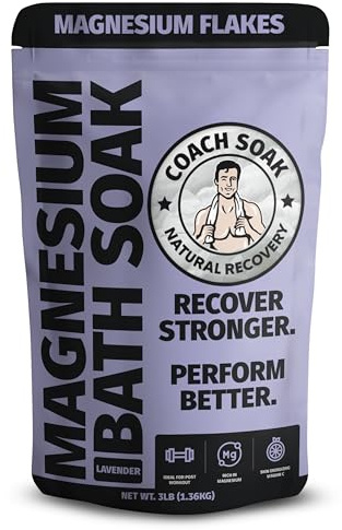 Coach Soak Recovery Bath Soak – Rejuvenating Post Workout Magnesium Flakes - 21 Minerals, Essential Oils & Dead Sea Bath Salts Absorbs Faster Than Epsom Salts for Soaking, 1.36kg - Calming Lavender