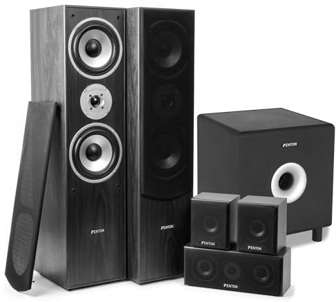 Fenton Sistema Cine en casa 5.1 con subwoofer Activo 200W, Altavoces pasivos Frontales, Traseros y Central, diseño Madera, Rejilla extraíble, Sonido Envolvente para películas y Gaming