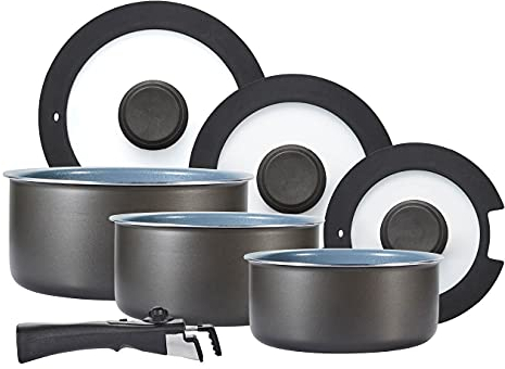 Tower Freedom T800201 7 Piece Cookware Set with Ceramic Coating, Stackable Design and Detachable Handle, Graphite, Aluminium, Black