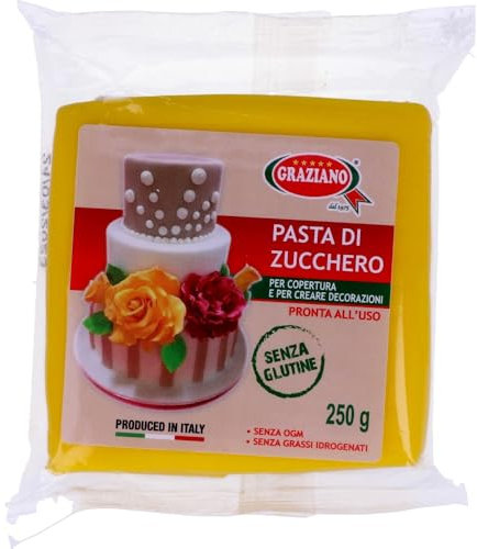 Graziano, Pasta di Zucchero Gialla, Pasta Morbida ed Elastica Perfetta per la Copertura della Torta, facile da Stendere e da Colorare, Senza Glutine e Senza Grassi Idrogenati, 250 g