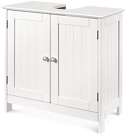 Mobile lavabo con foro per sifone, mobile sotto lavandino, mobile da bagno sotto vasca, mobile portaoggetti con 2 ante e 1 ripiano regolabili, colore bianco, 60 x 30 x 60 cm
