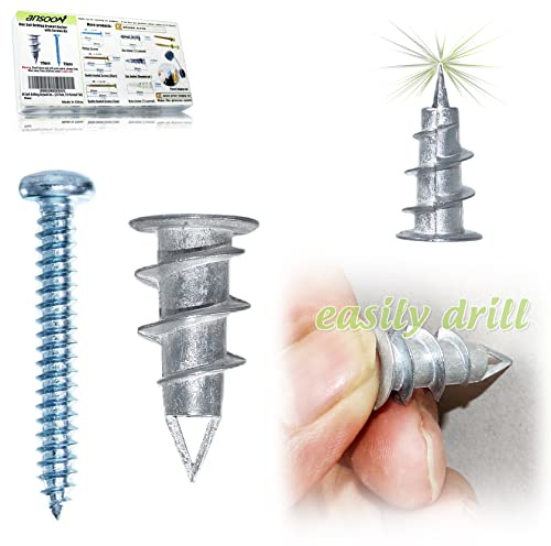 Ansoon #8 Metal Self-Drilling Drywall Anchors with Screws Kit - Hollow-Wall Anchors and Screw for Drywall, Plaster, Sheetrock, Hollow Door Wall Hanging and Mounting with Case (Tri-Pointed Tail)