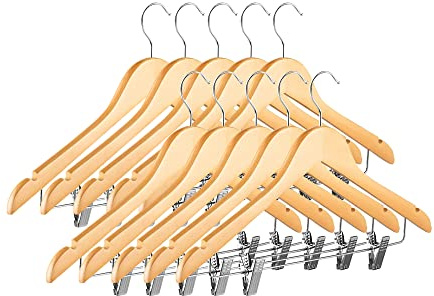 IlGruppone Grucce in Legno Naturale con Clip Regolabili 10 Pezzi Appendino Armadio Appendiabiti Pantaloni Gonne Giacche Gancio Girevole 360°