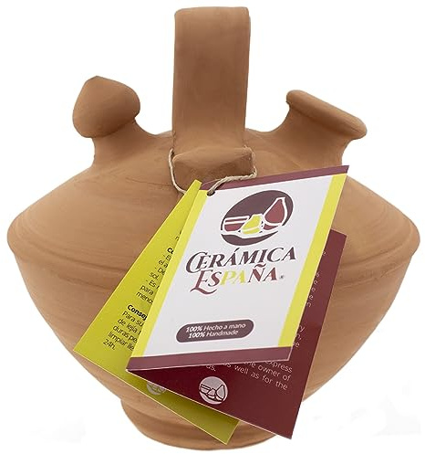 CERÁMICA ESPAÑA | Botijo de Barro Rojo Tradicional español | Botijo Arcilla roja achatado | 100% Hecho a Mano | 3 litros | Eco