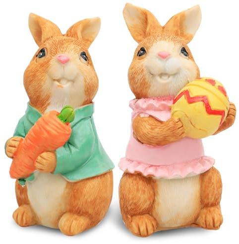 Aurasky Figuras de Conejo de Pascua, Estatua de Conejo de Resina, Conejo Sostiene Huevo Zanahoria, Adornos de Figuras de Conejo, Decoraciones de Pascua para Mesa Jardín Hogar Primavera