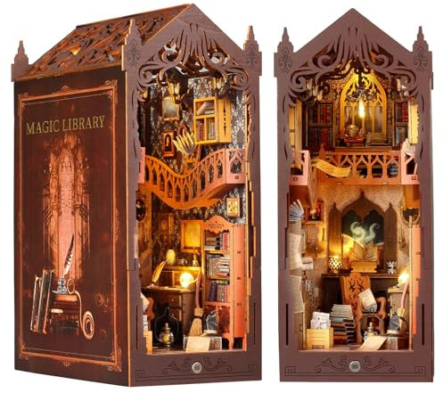 Polegas DIY Book Nook Kits, DIY Miniature House Kit with LED Light, 3D Wooden Puzzle Booknook Bookshelf Decor, Model Kits for Adults Teens to Build(Magic Library)