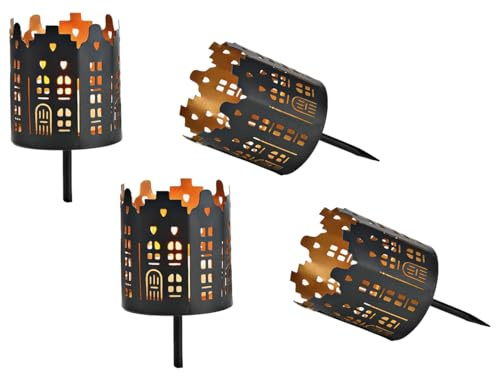 Teelichthalter Adventskranz Stadthäuser (4er Set) 14x6 cm Metall schwarz - Bodenstecker Windlicht Adventskranz, Weihnachsdeko, Kerzenhalter