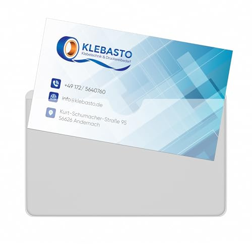 KLEBASTO Visitenkartentaschen selbstklebend | transparent | Visitenkartenhüllen zum kleben | Kartenhüllen zum einkleben | Selbstklebetaschen Glasklar Daumenaussparung breite Seite offen (20)