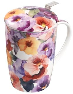 TEA SHOP - Taza de Té o Infusiones con filtro, infusor y tapa - Mug Super Jumbo Viola Flower - Fabricada en Porcelana
