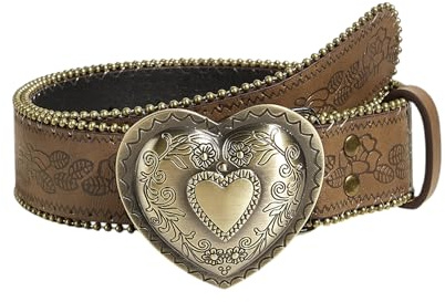 Marea Brava Ceinture Femme Rétro avec Boucle Coeur Sculpté - Cuir PU Marron Vintage Bohème Y2K, Clous Dorés, Réglable Unisexe 105cm Mode 2025